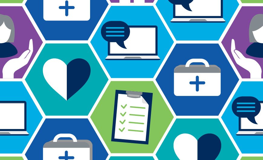 A colourful graphic image with honeycomb-shaped boxes and medical symbols. 