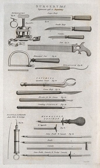 A long, scanned image of a traditional illustration depicting an assortment of historic surgical instruments. 