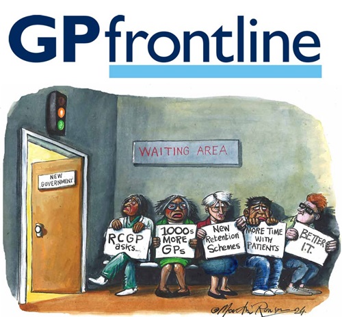 GP Frontline logo, followed by a Martin Rowson cartoon depicting a group out people in a waiting area. The door they're waiting outside is labelled "New government". They are holding placards with the following phrases: "RCGP asks...", "1000s more GPs", "New retention schemes", "More time with patients", "Better IT"