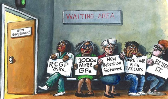 A satirical cartoon of doctors and patients in a waiting room by Martin Rowson.