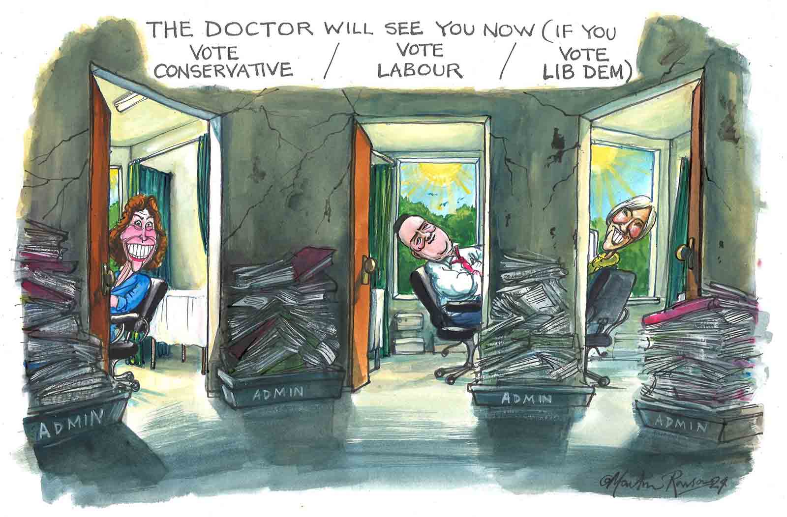 A satirical cartoon of health ministers by Martin Rowson.