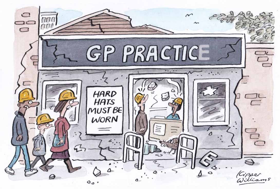 A cartoon depicting a crumbling GP practice with patients wearing hard hats.