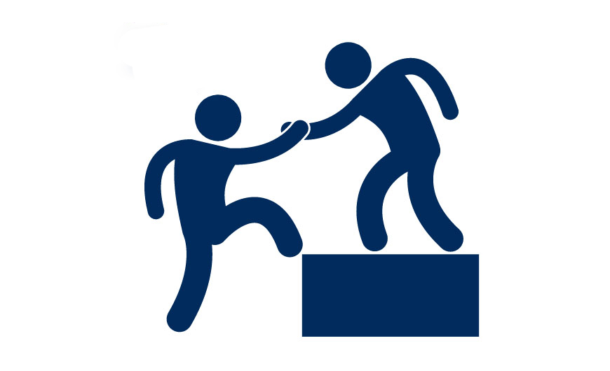 A graphic image of one figure helping another figure up a high step.